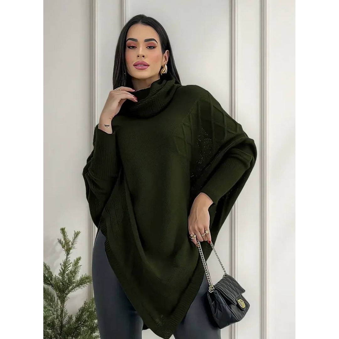 Blusa Poncho Tricot Assimétrico Alongado Manga Longa Suéter Verde-militar Único