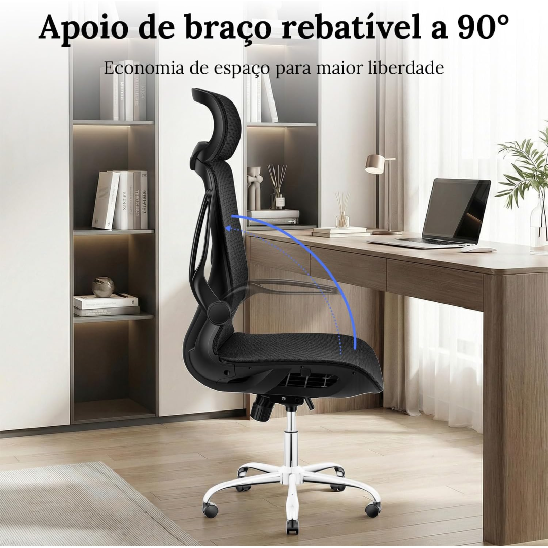 Cadeira de Escritório Ergonômica com Ajuste de Apoio de Cabeça, Braços Articuláveis e Encosto em Tela Respirável — Cadeira Giratória Executiva de Encosto Alto para Conforto Durante Todo o Dia