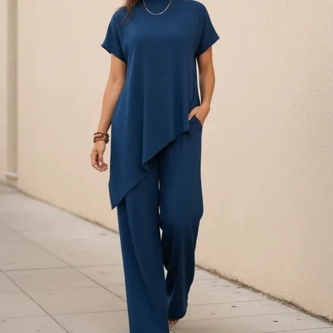 Conjunto Feminino Calça Pantalona Blusa Moderna Assimétrica