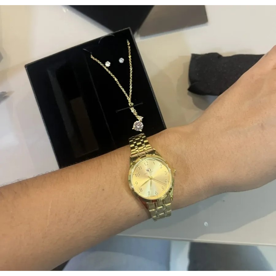 Kit Relógio Colar E Brincos Ponto De Luz Dourado Feminino Luxo Golden Saint Germain