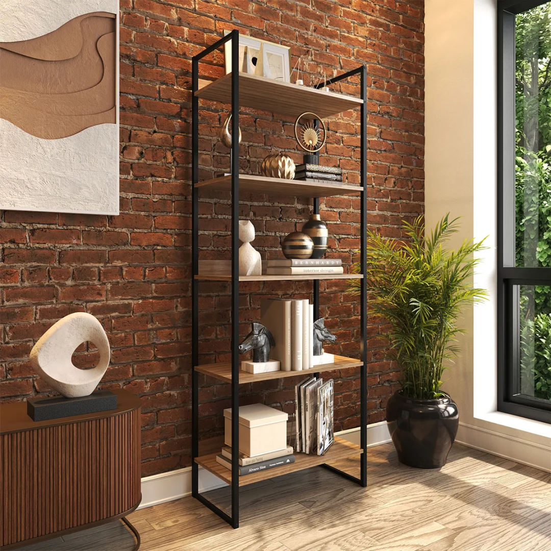 Estante Para Livros Estilo Industrial Armário Multiuso Com 5 Prateleiras Lâmina Preto Design Moderno Mod: Rena