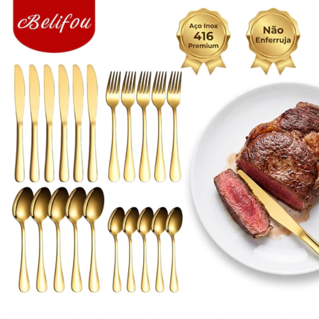 Belifou Kit 18 Jogo De Talheres Para Bife Aço Inoxidável 416 Dourados Colher Pequena