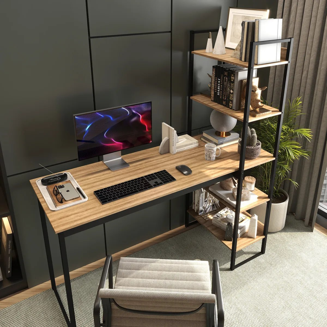 Mesa Escrivaninha Industrial Laminado 5 Prateleiras Design Moderno Modelo Para Home Office Mod: Athenas Shoop