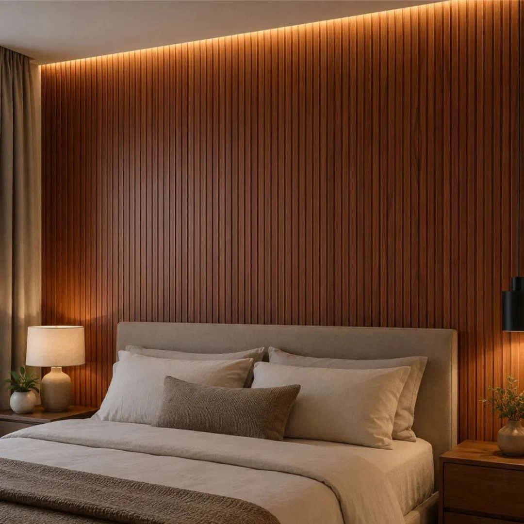 Painel Ripado 3D Madeira Parede e Teto WPC Tabaco Prova D'água 290x16x9mm