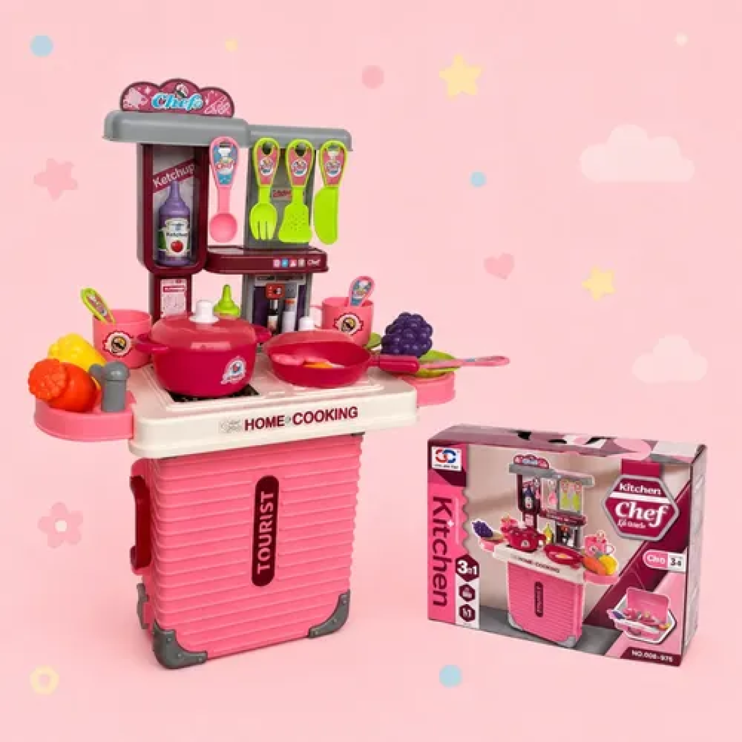 Mini Maleta Cozinha Portátil Infantil 3 Em 1 Com Acessórios Rosa-chiclete