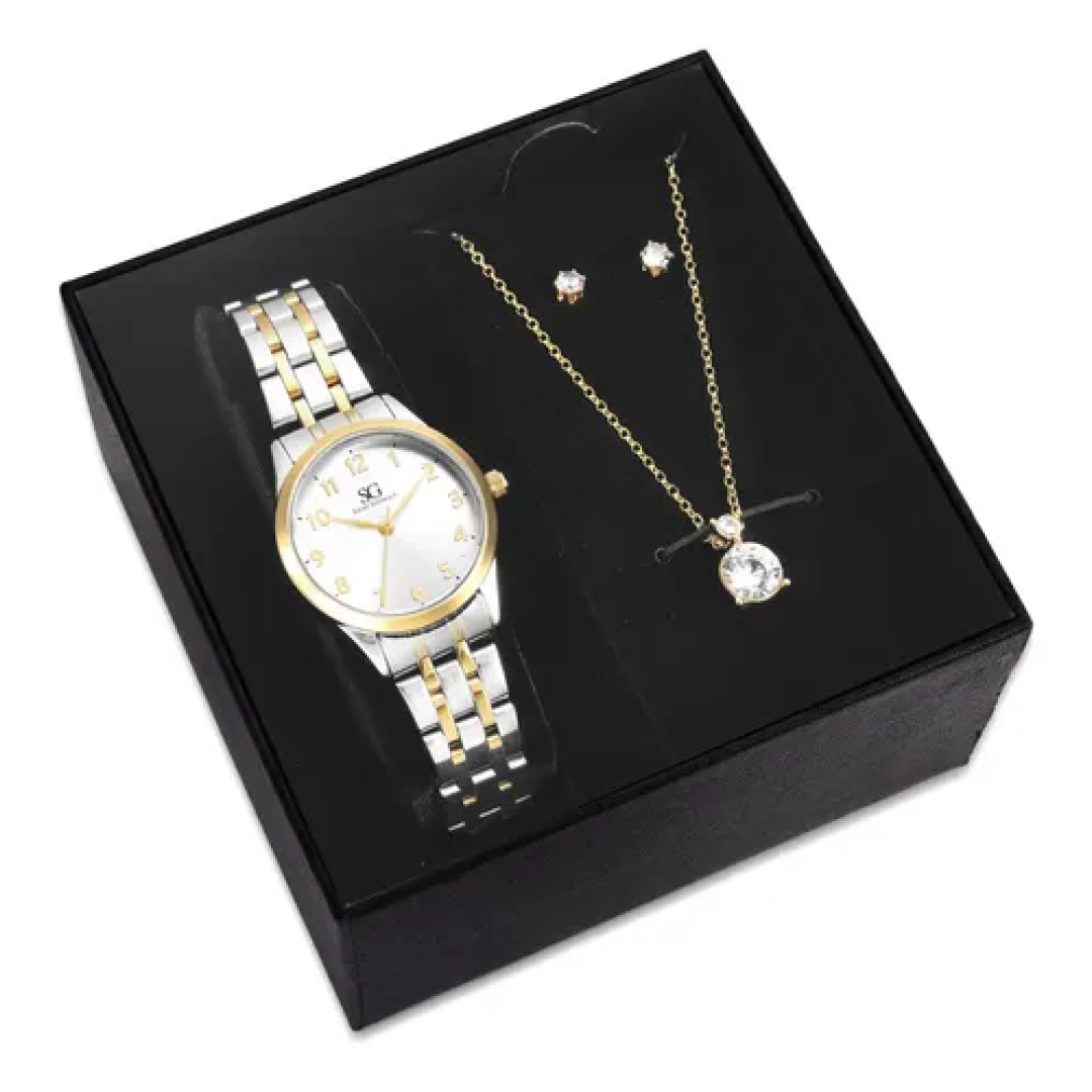 Kit Relógio Colar e Brincos Dourado e Prateado Saint Germain 28mm