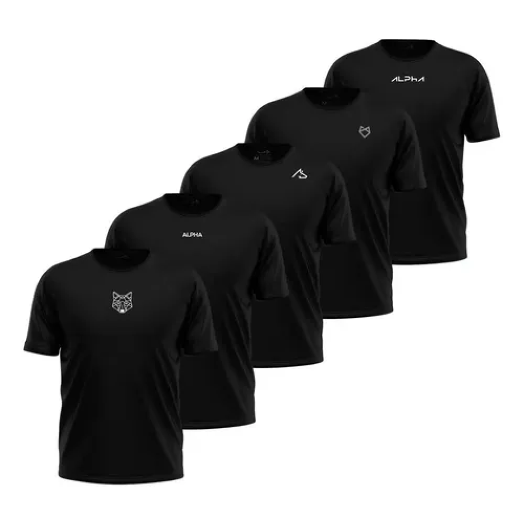 Kit com 5 Camisetas Dry All Black Alpha