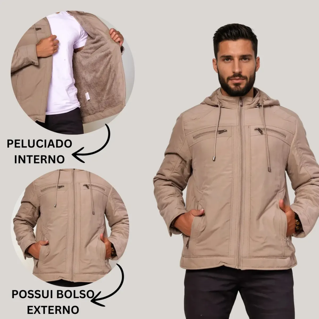 Jaqueta Masculina Sarja Com Capuz Forrada Peluciada Frio Top