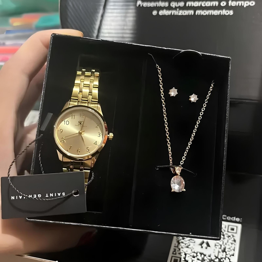 Kit Relógio Colar e Brincos Ponto de Luz Dourado