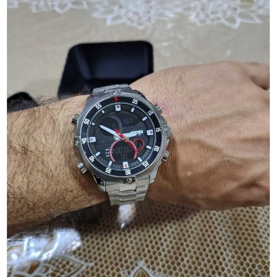 Relógio Skmei 1146 Masculino Aço Inox Prata Fundo Preto Anadigi Luz Alarme 3atm Prateado