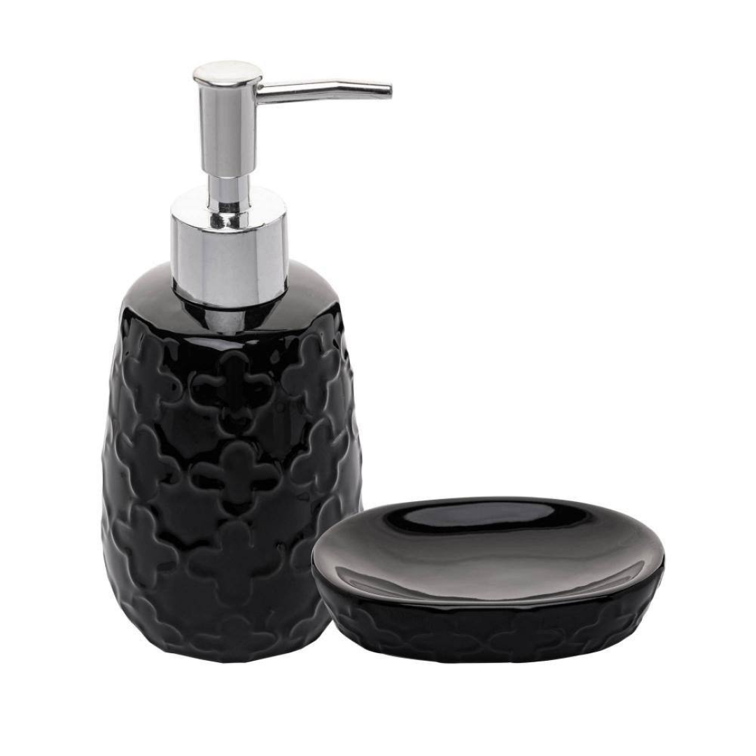Conjunto 2 Peças Banheiro Clover Cerâmica Preto Wolff para Sabonete Organização Decoração Banheiro Lavabo Elegante Atual