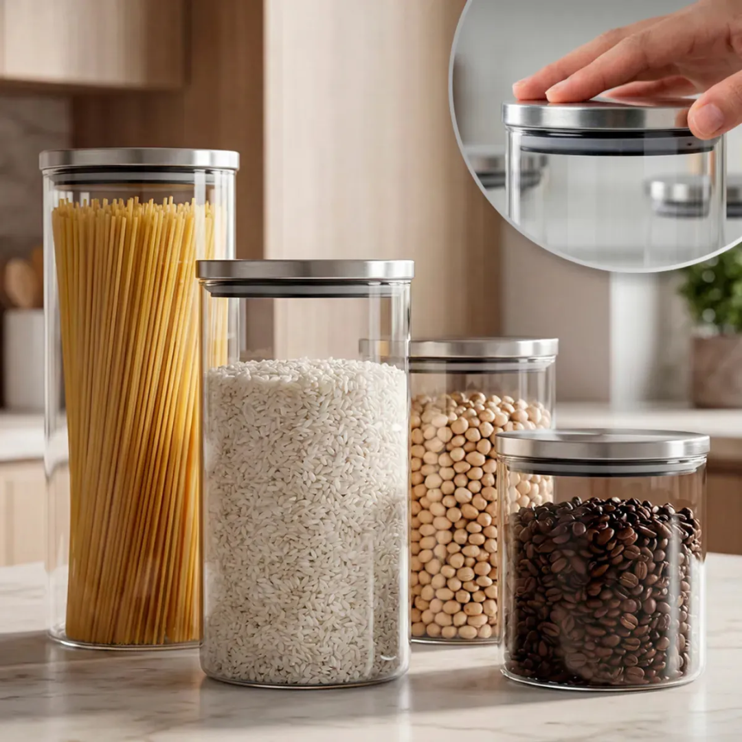 Kit 4 Potes Herméticos De Vidro Tampa Inox Porta Mantimentos Alimentos Cozinha Sólar
