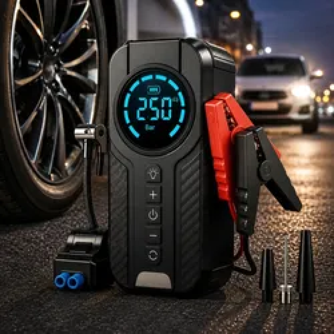 Kit Compressor de Ar Compacto 150 Psi + Auxiliar de Partida + Powerbank