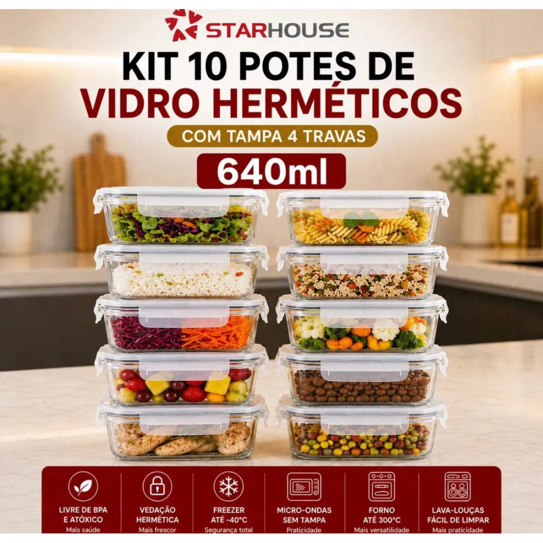 Kit 10 Potes Herméticos Vidro 640ml Starhouse Marmita Forno Micro-ondas Airfryer Com 4 Travas De Super Vedação