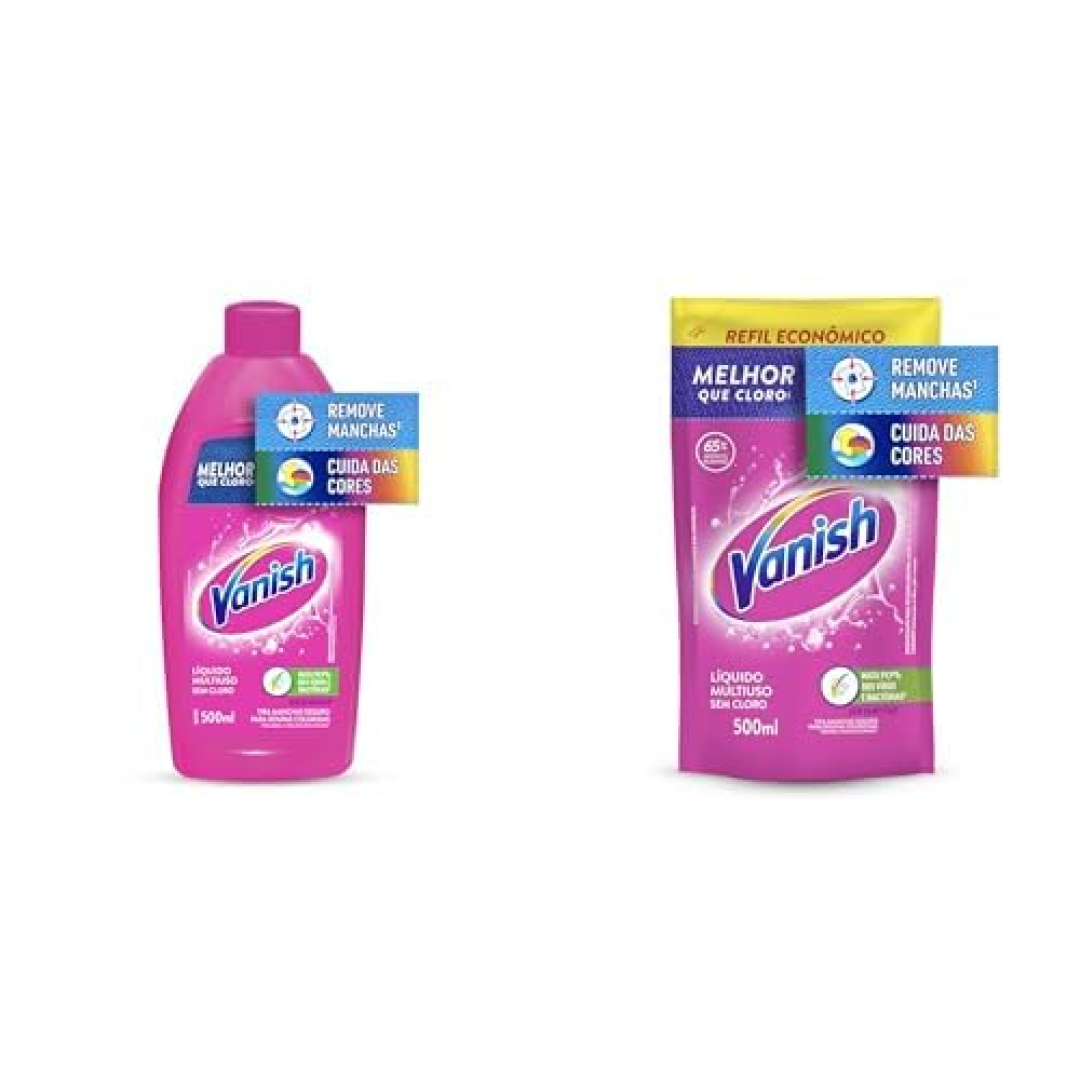 Kit Vanish Multiuso Tira Manchas Líquido para Roupas Coloridas 500ml + Refil 500ml