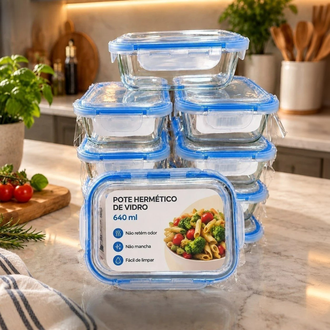 Kit com 10 Potes de Vidro Hermético Marmita 640ml