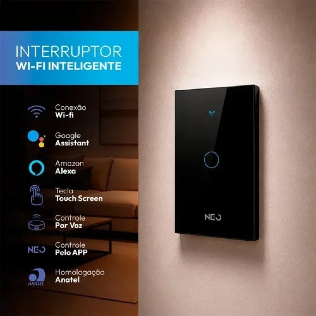 Interruptor Smart Inteligente Wi-fi 2.4 GHz Alexa google 1 Botão 4x2 Bivolt Preto Neo Avant