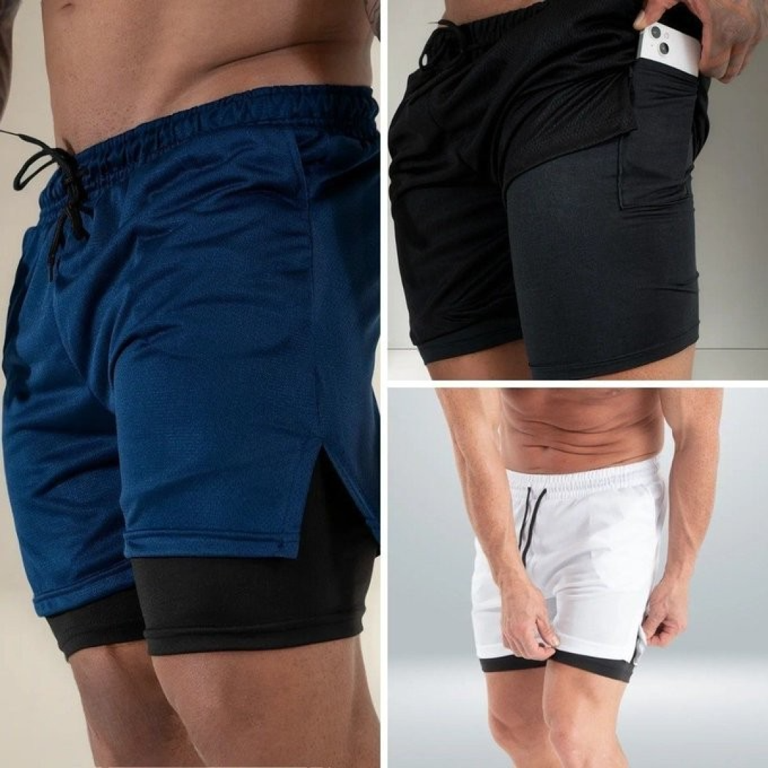 Kit 3 Shorts 2 Em 1 Duplo Bolso Para Academia Treino Corrida