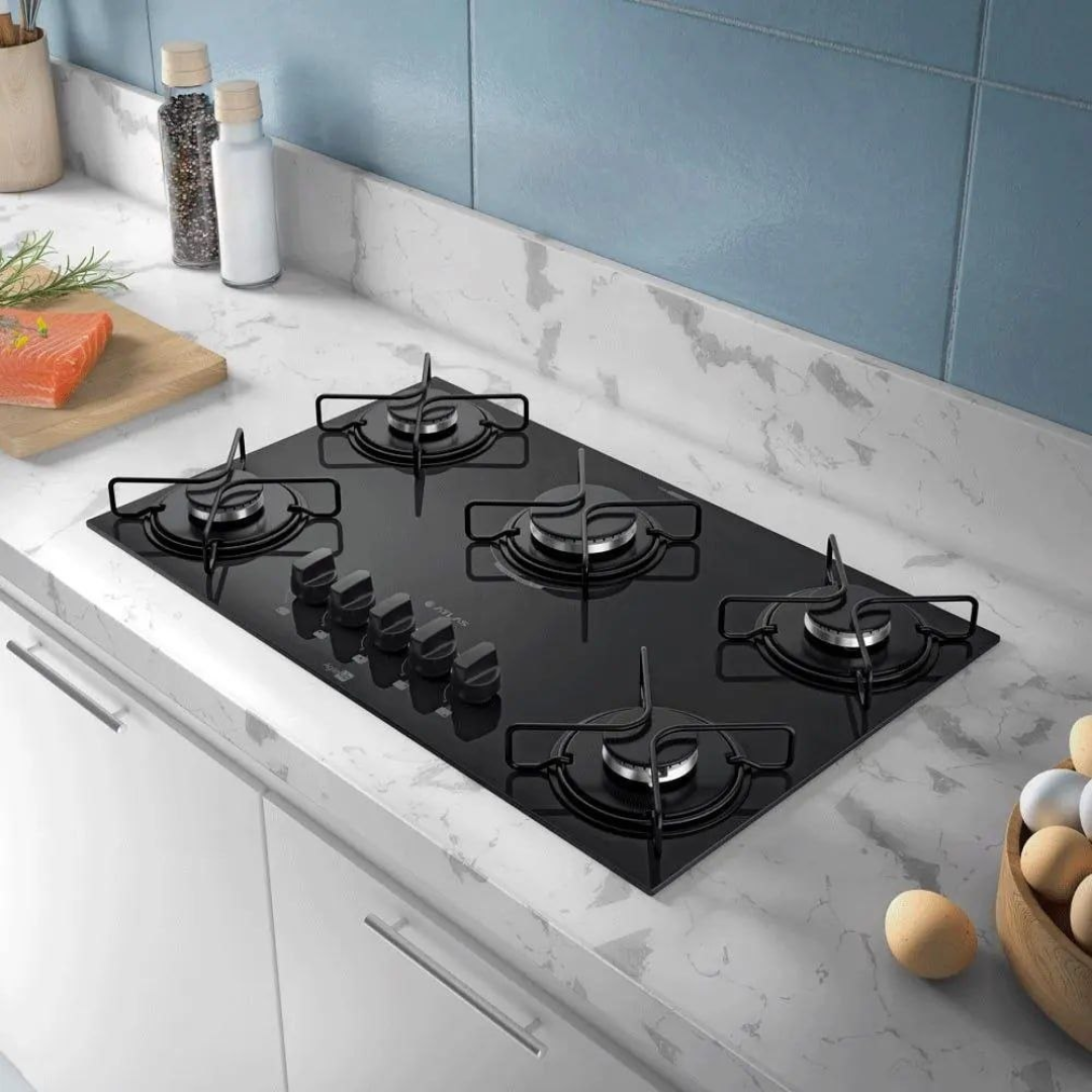 Cooktop 5 Bocas Atlas Agile Up com Mesa De Vidro A Gás Preto Bivolt