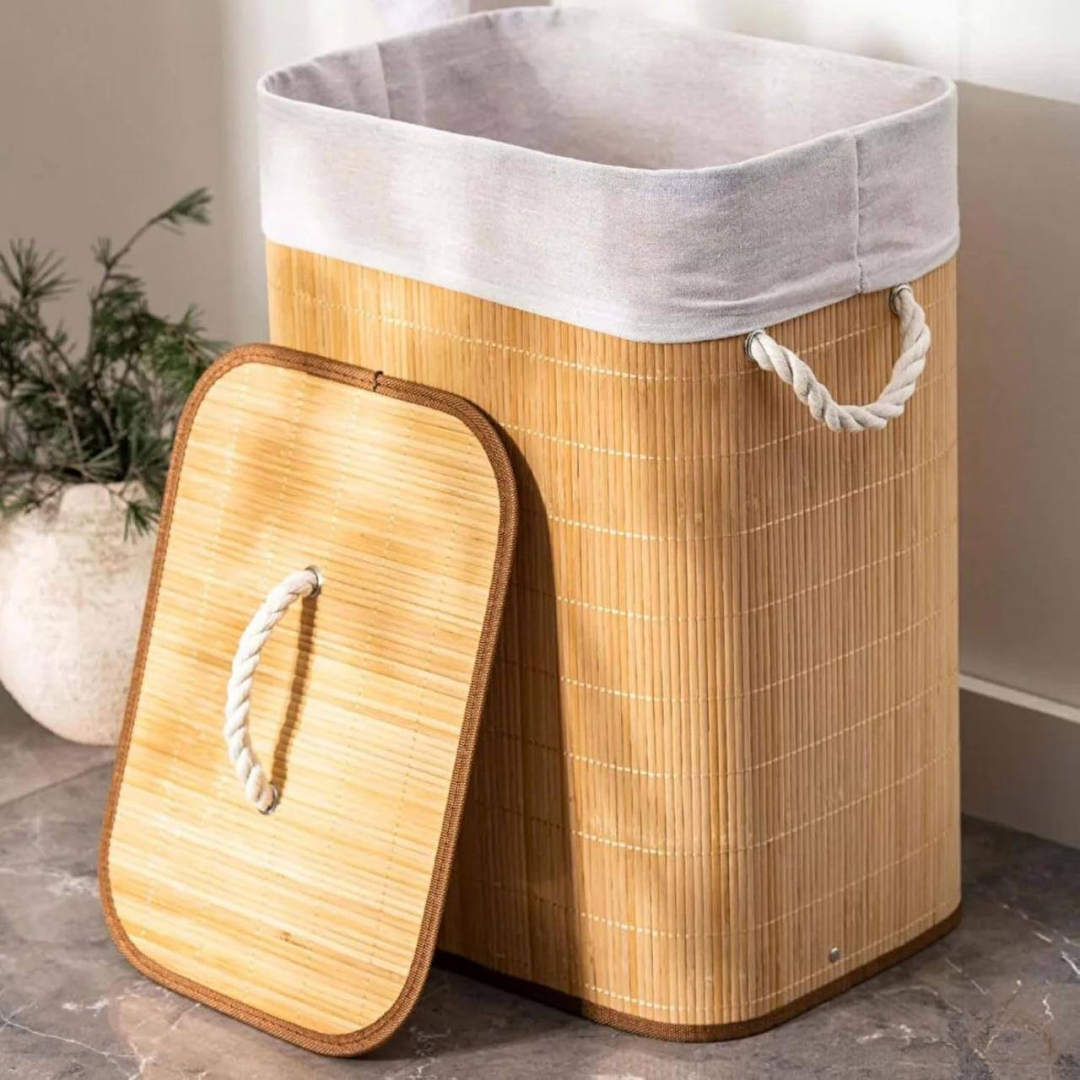 Cesto De Roupa Suja De Bambu Com Tampa E Alças 50 Litros Kontuz Natural