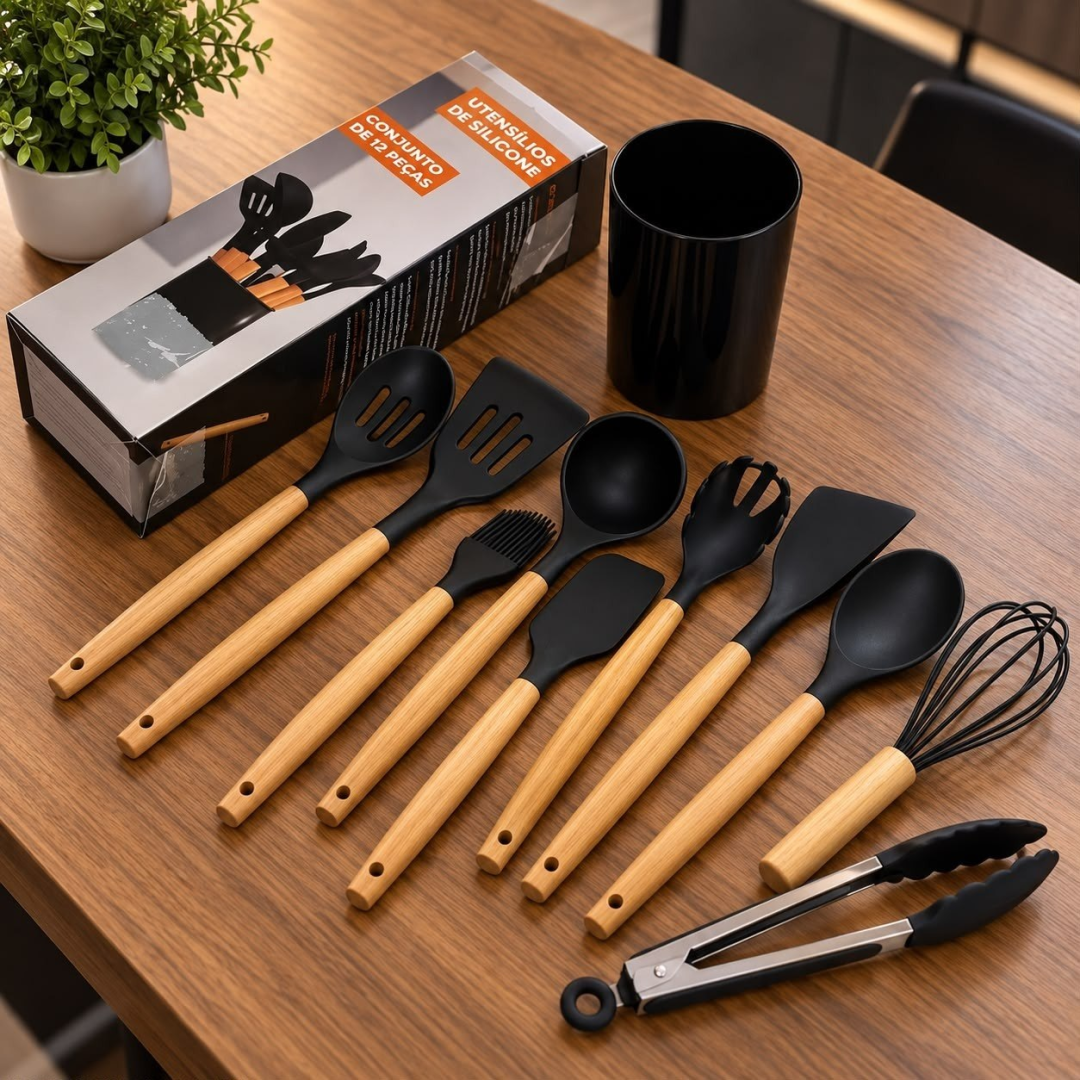 Kit com 12 Utensílios de Cozinha Silicone