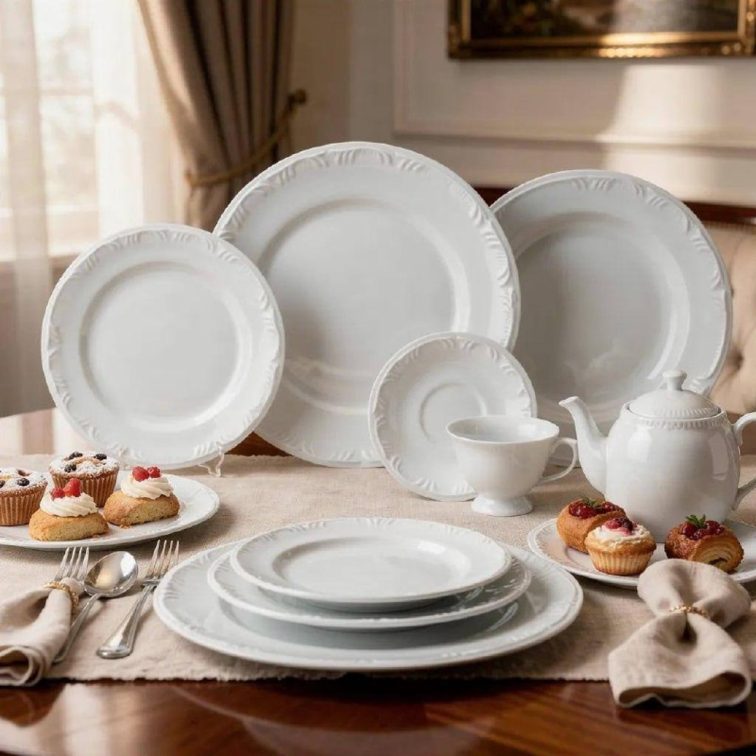 Serviço de Jantar Chá Café 42 peças em Porcelana. Modelo Redondo com Relevo Pomerode. Branca. Fabricado pela Schmidt.