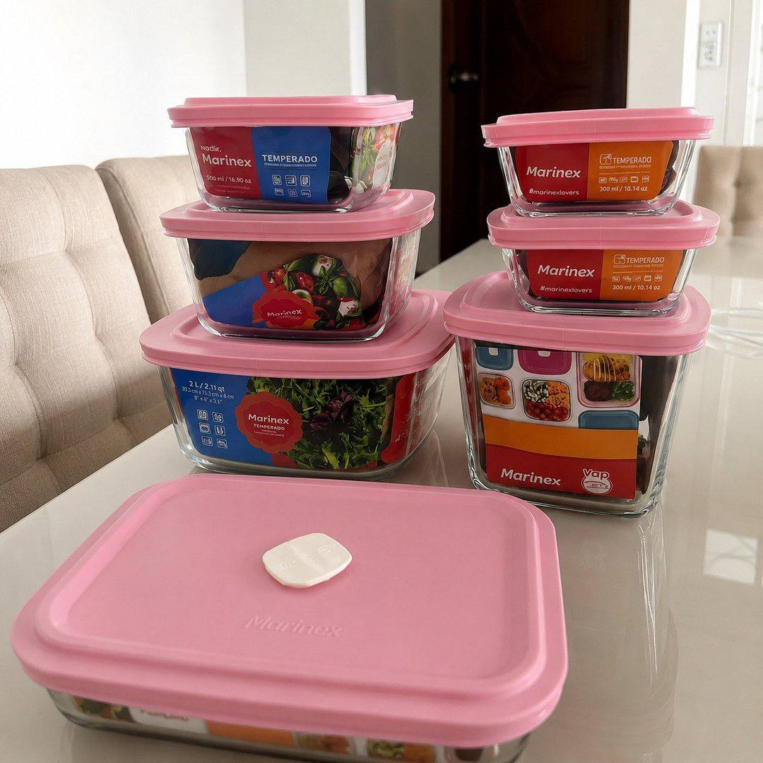 Pote De Vidro Marinex Kit 7 Pecas 2l,1l,.05l, 1l Rosa