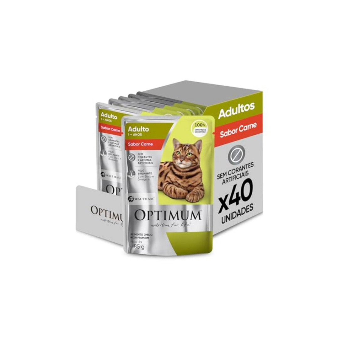 Pack Ração Úmida Optimum Sachê para Gatos Adultos Sabor Carne 85g - 40 unidadaes