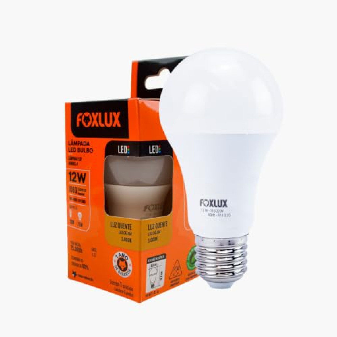 Lâmpada LED Bulbo Foxlux 12W 3000K Branco Quente E27 Bivolt 1018 Lumens Econômica