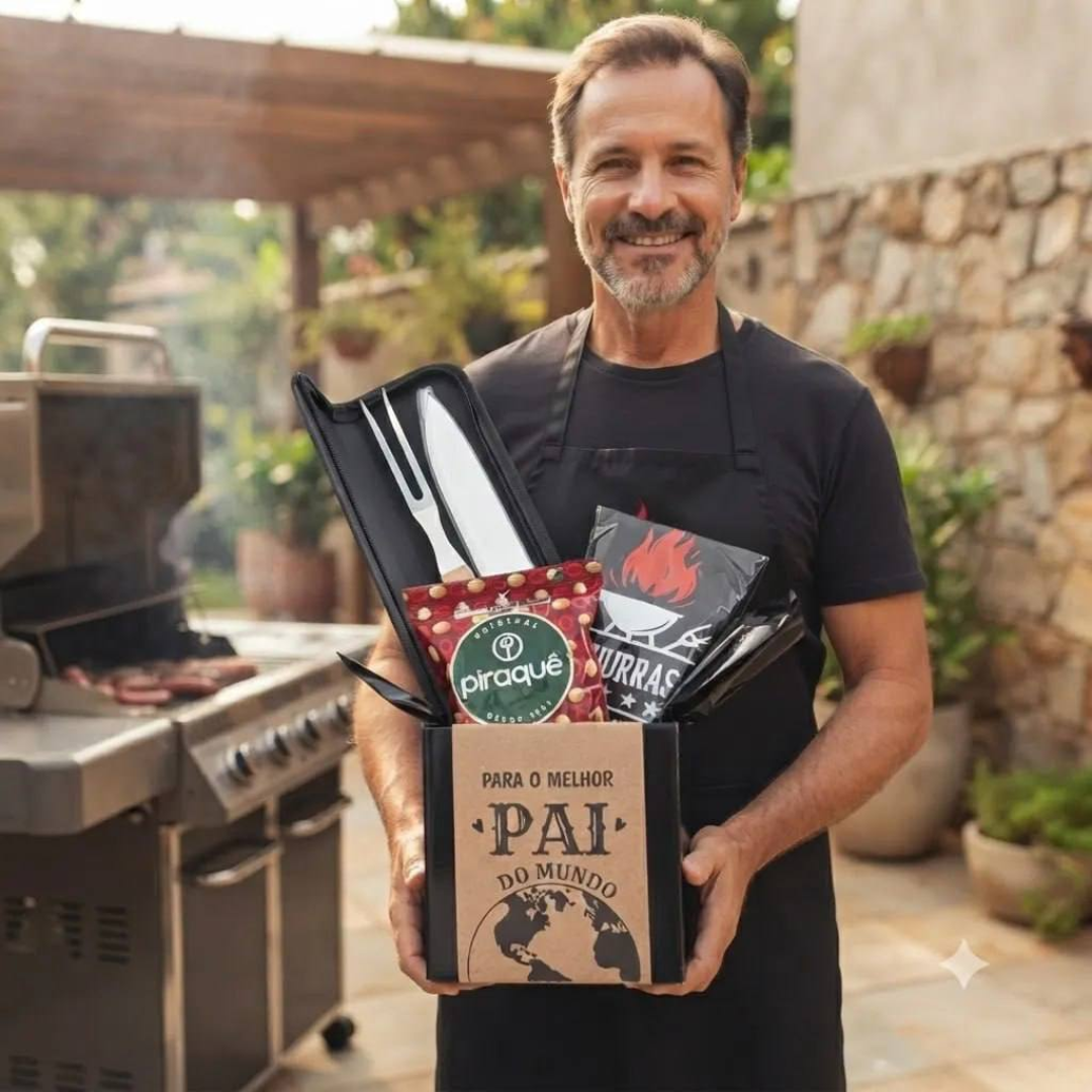 Kit Churrasco Presente Faca Aço Inox Avental Cozinha 3 Peças Preto Churrasqueiro