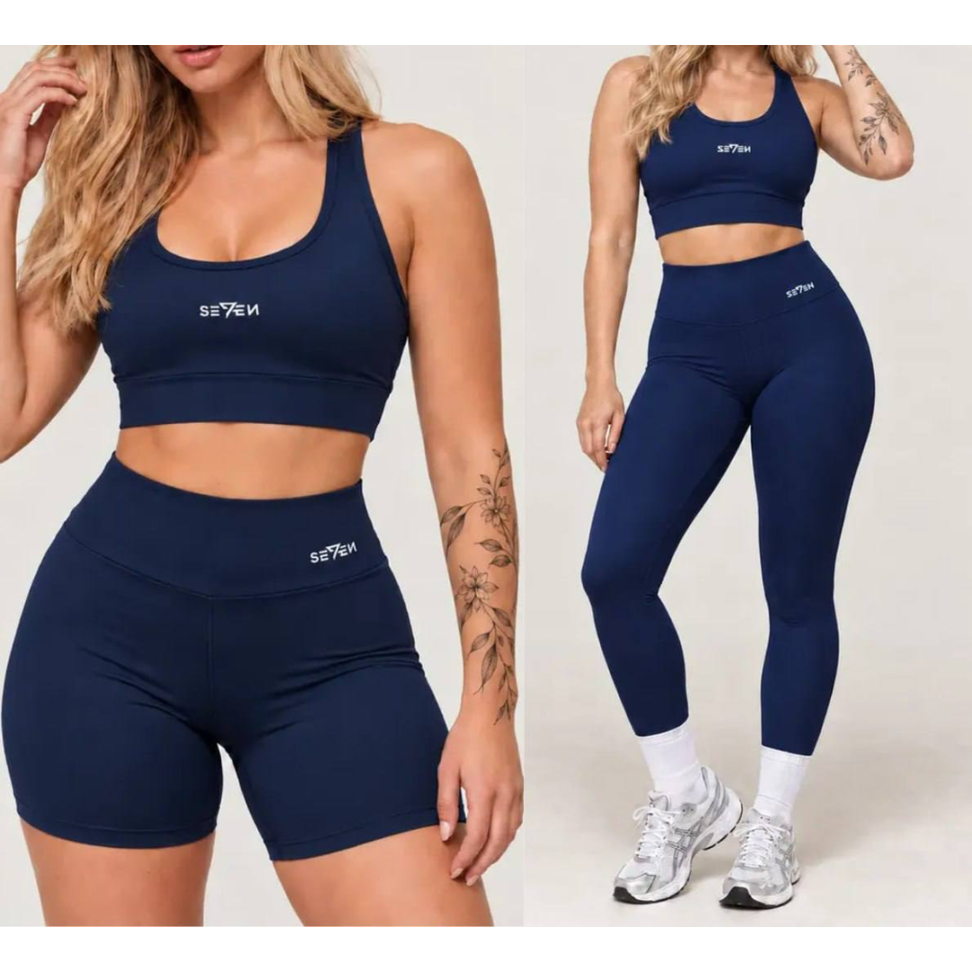 Kit Conjunto Feminino Fitness Top Nadador + Legging + Short Azul-marinho Gg