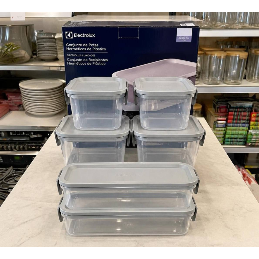 Electrolux Kit 6 Potes Herméticos De Plástico Cinza, 12,4l, Safelock, Empilhável e Modular