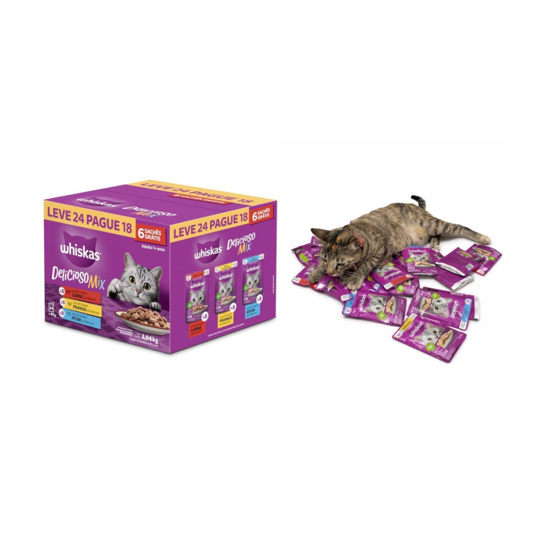 Pack 24 un. Ração Úmida Whiskas Sachê Carne/Frango/Atum para Gatos Adultos 85g