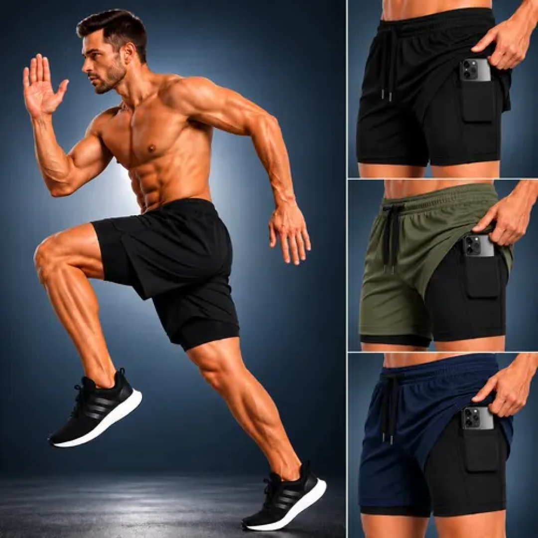 Kit 3 Short Duplo 2 Em 1  Com Bolso Celular Academia Treino