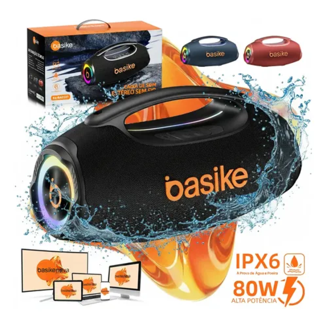 Basike Caixa de Som Portátil Com Bluetooth Boombox 80W 8000Mah 10hrs Sem fio IPX6 À Prova D'água Com Bateria Recarregavel Luz RGB Hifi TWS Bass Forte ...