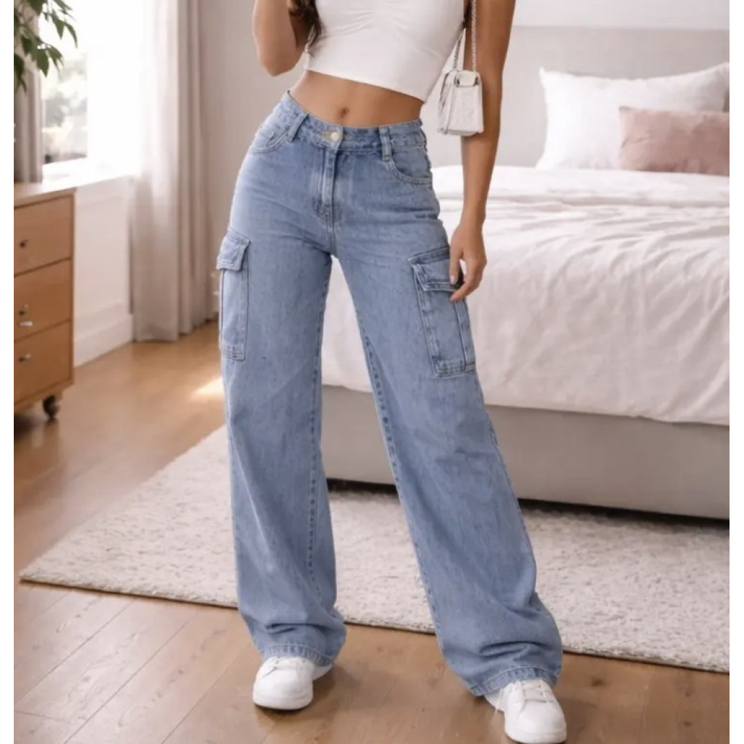 Calça Cargo Feminina Wide Leg Cintura Alta Jeans