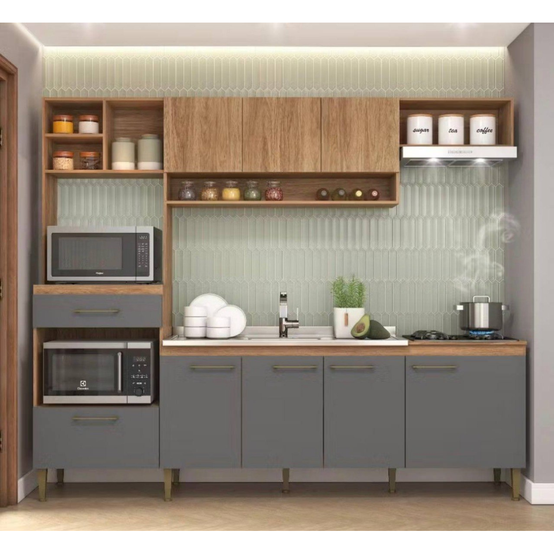 Cozinha Completa Modulada com Armário e Balcão 5 Peças 8 Portas 1 Gaveta 240cm CC120 Cor Mel/Grafite - Fellicci Móveis