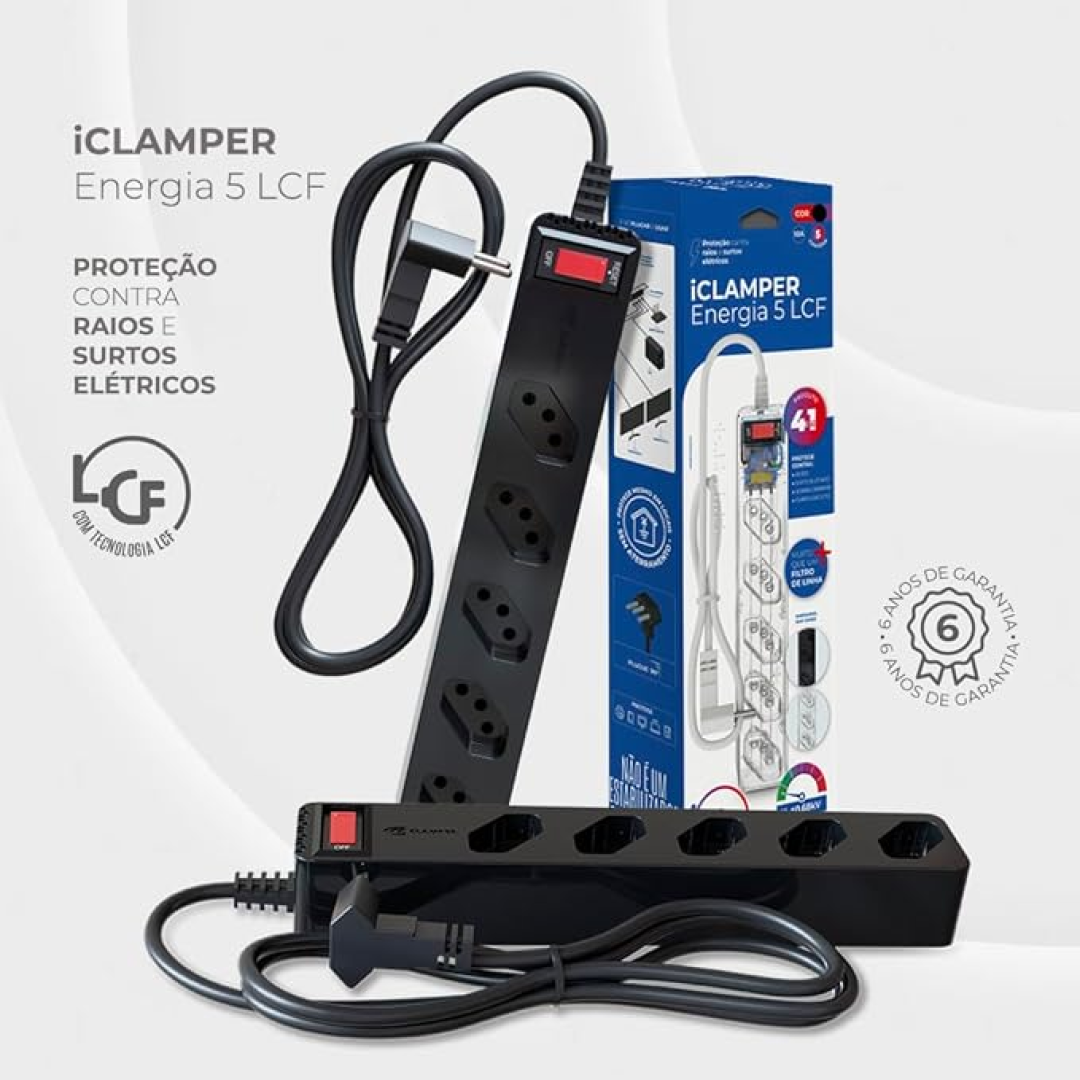Filtro de Linha iCLAMPER Energia 5 com Proteção contra Surtos Elétricos(DPS) 5 Tomadas, 3 Pinos, 10 Amperes para PC, Notebook, Roteador, Monitor, Impressora, PS5, Alexa e etc, Bivolt, Cabo de 1m Preto