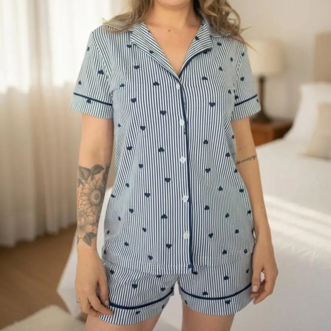 Pijama Americano Verão Algodão - Listrado Marinho Coração