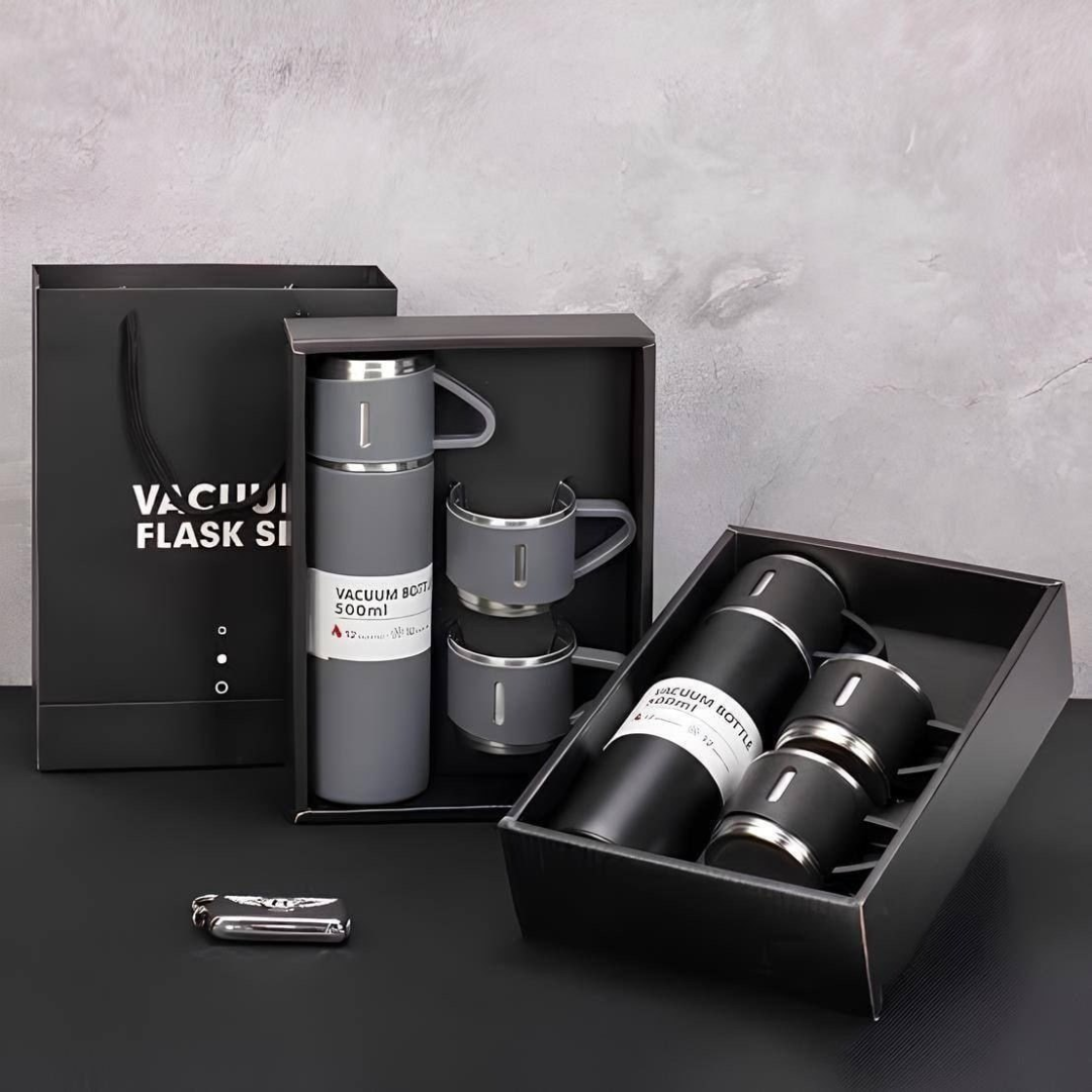 Kit Garrafa Térmica Vacuum Bottle Inox 500ml + 3 Xícaras