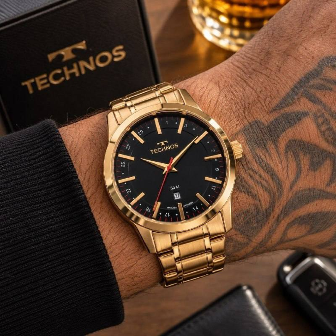 Relógio Technos Masculino Dourado de Aço Inox Analógico com Calendário