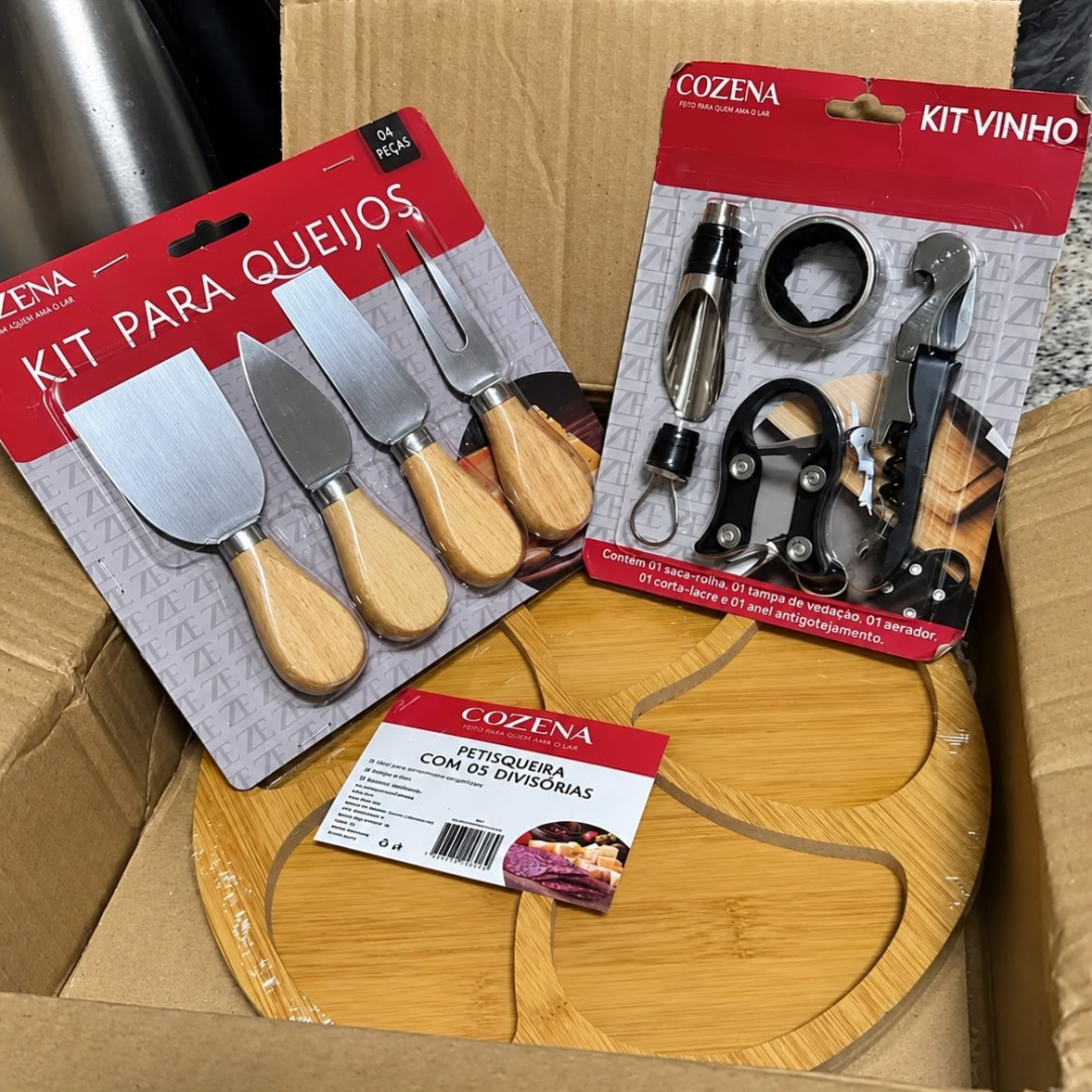 Kit Vinho 4 Peças + 4 Facas P Queijo + Petisqueira