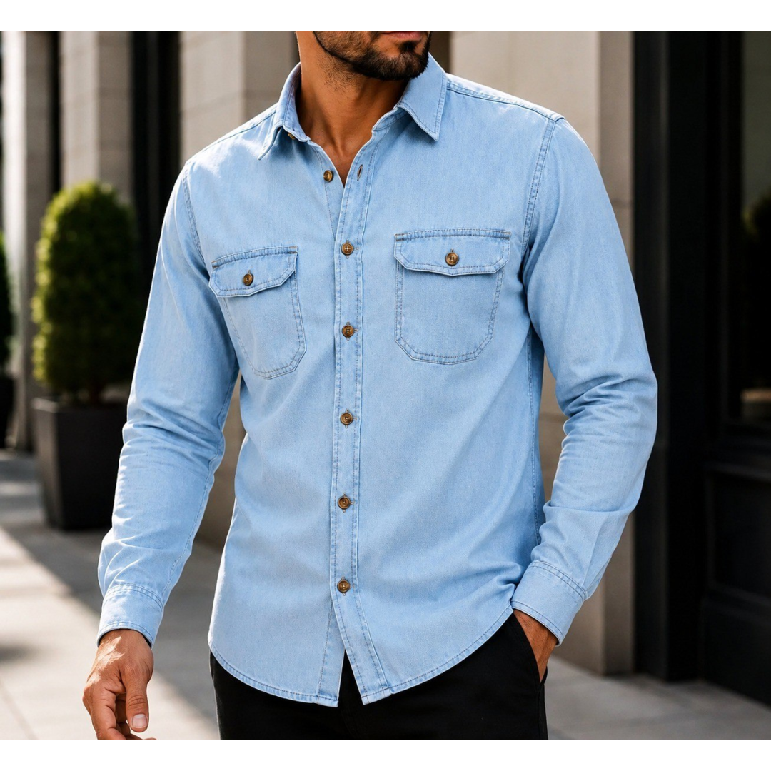 Camisa Jeans Social Slim Manga Longa