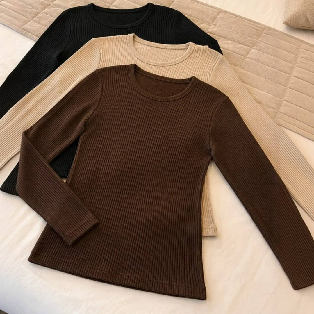 Kit 3 Blusas Manga Longa Segunda Pele Canelada Básica Casual Preto, Marrom E Nude M/g (36/42)