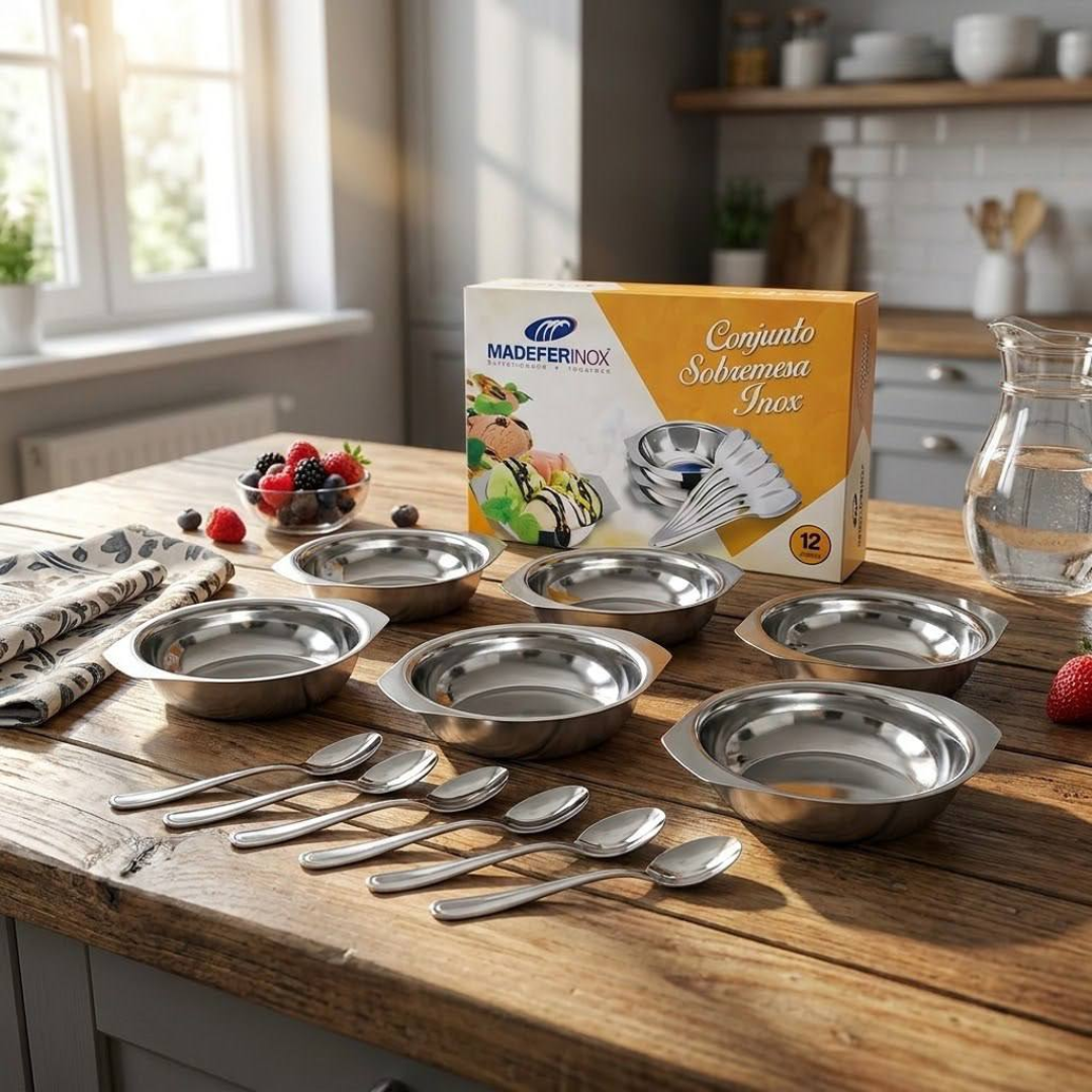 Conjunto Taças Sobremesa Inox 12 Peças Tigelas Com Colheres Inox