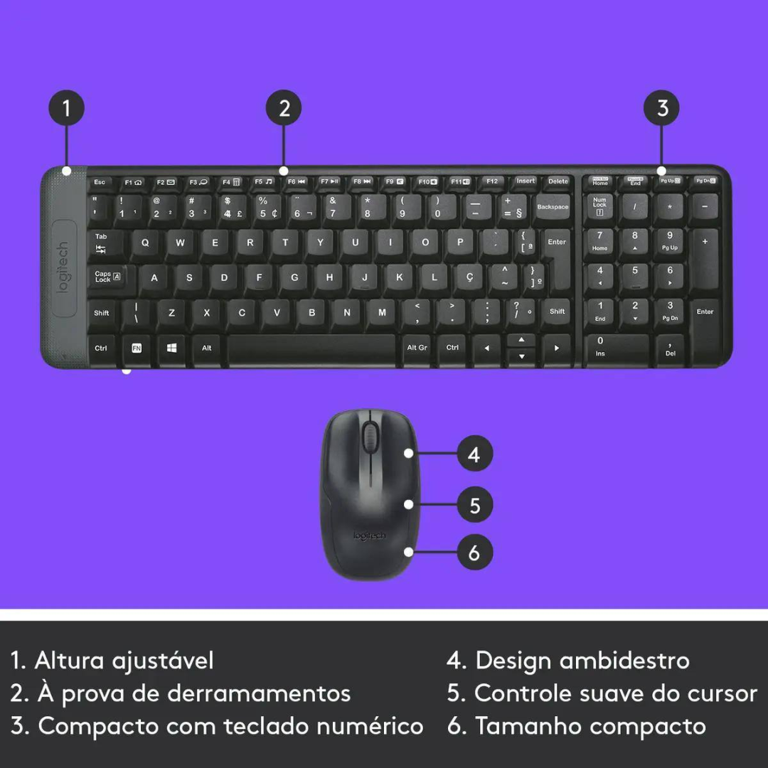 Combo Teclado E Mouse Sem Fio Logitech Mk220 Layout Abnt2 Cor Preto