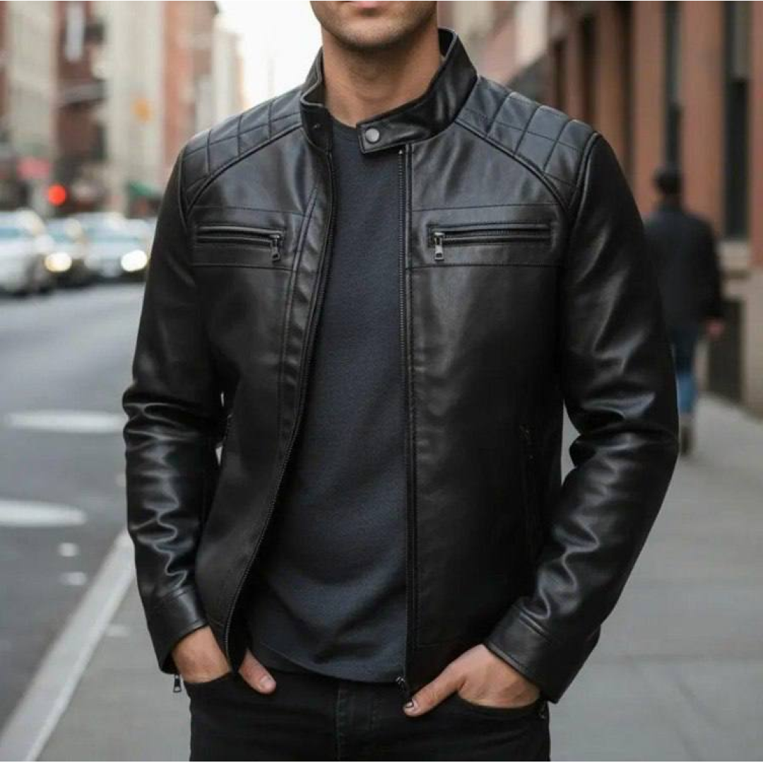 Jaqueta De Couro Masculina Slim Forrada Sem Capuz