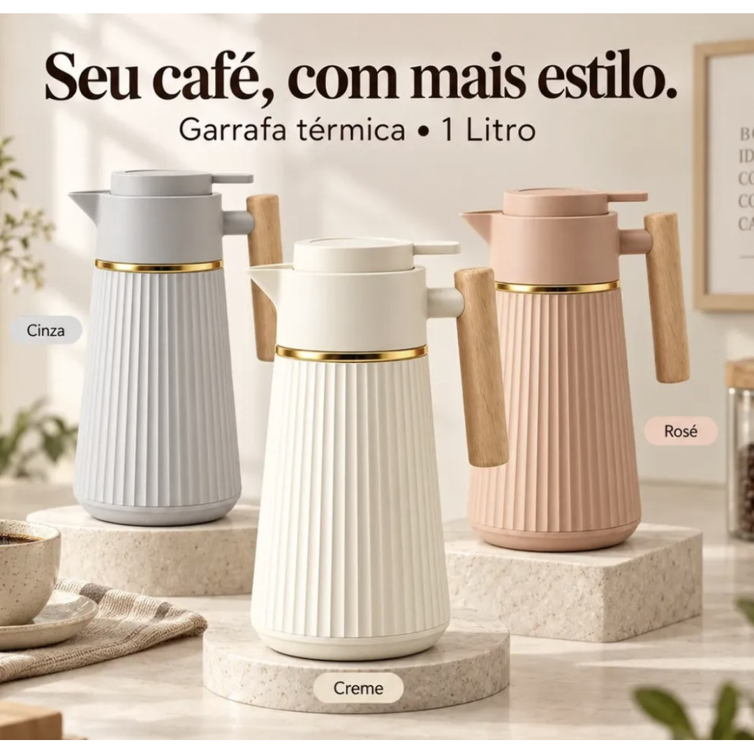 Garrafa Térmica Nórdica Café 1l Cabo Madeira Luxo Mesa Posta Creme