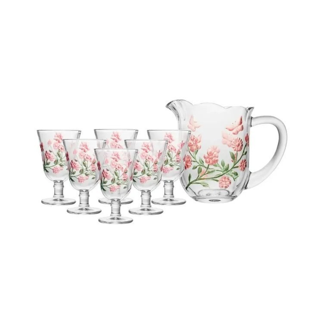 Conjunto 7 Peças Jarra E 6 Taças Lys Hand Painting 1,5l/240ml Cristal Lyor