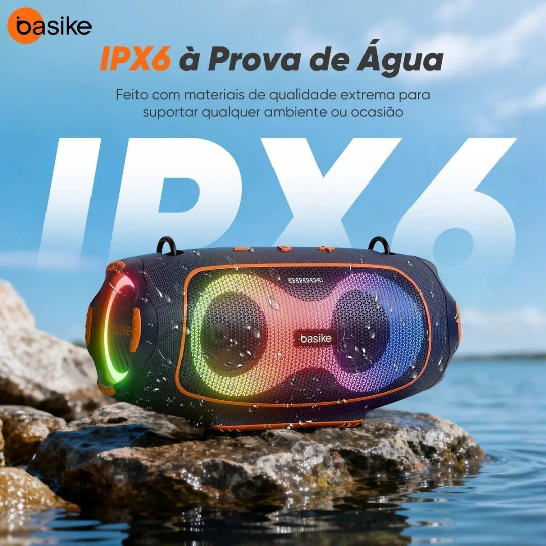 Caixa de Som Portátil Basike Ba-RAD295 Bluetooth 80W com Grave Potente, LED RGB e IPX6